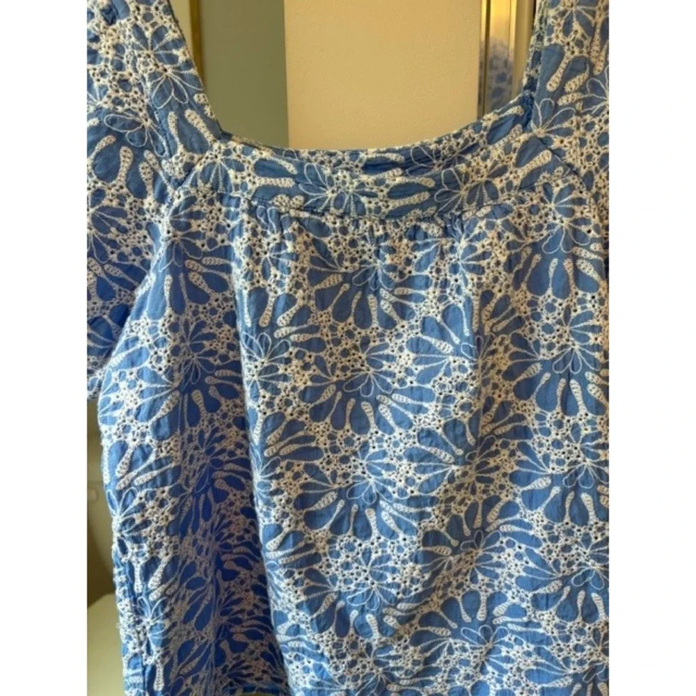 LOFT Women's Small Blue White Eyelet Floral Puff Sleeve Cotton Top